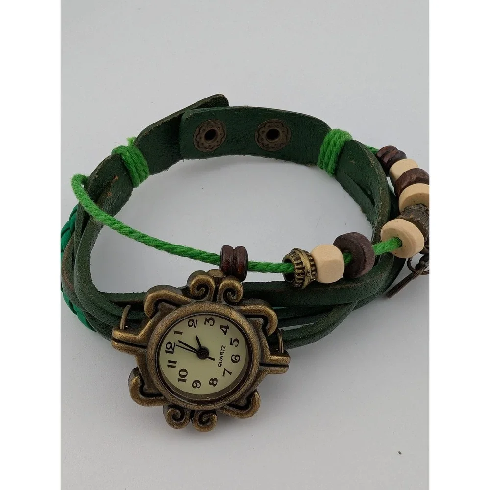 Multi Layer Braided‎ Leather Wrap Watch Charm Green Leather Band- New Battery